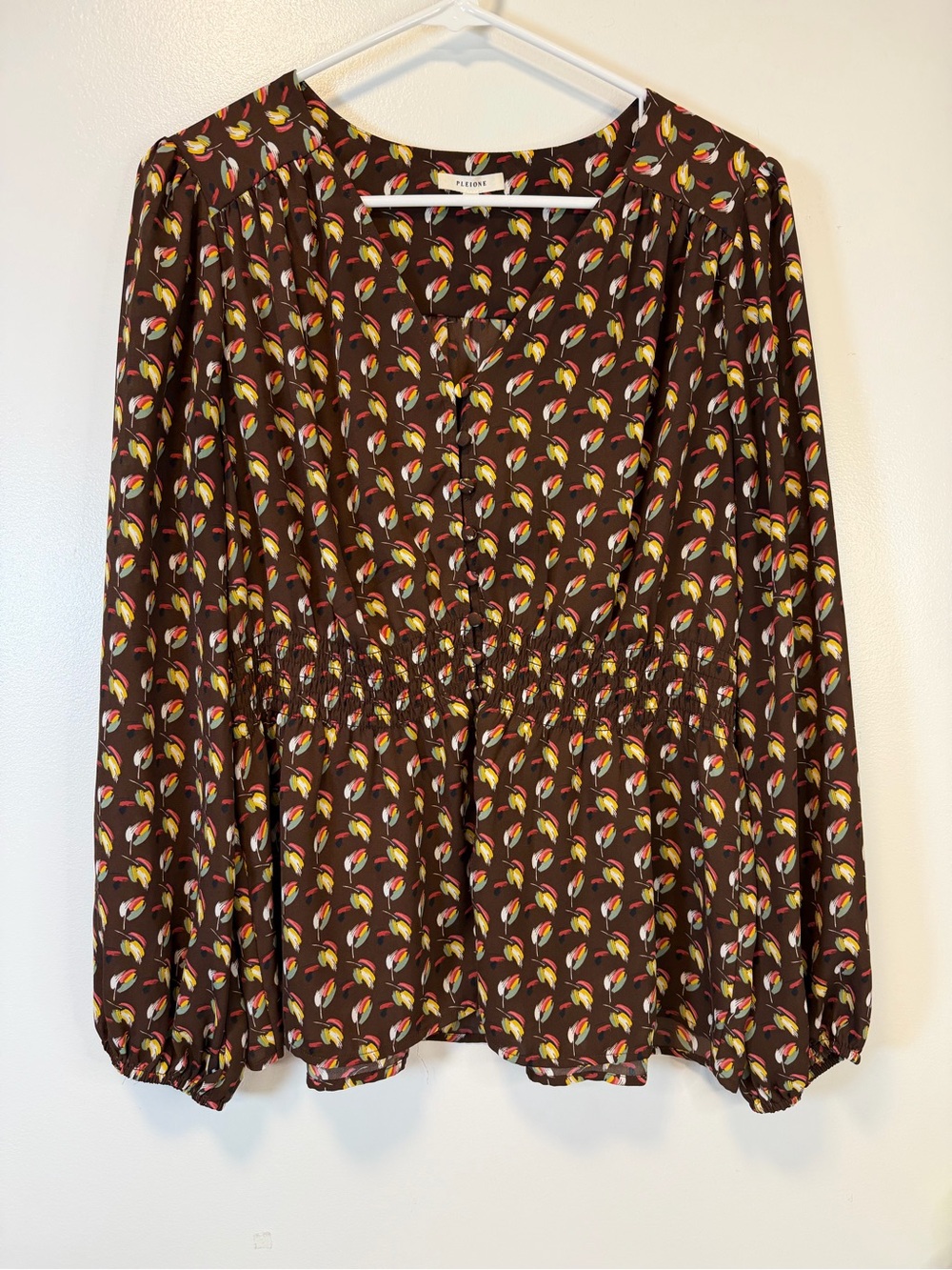 Pleione Brown Floral-Print‎ Long-Sleeve Peplum Button Down Blouse Size Large